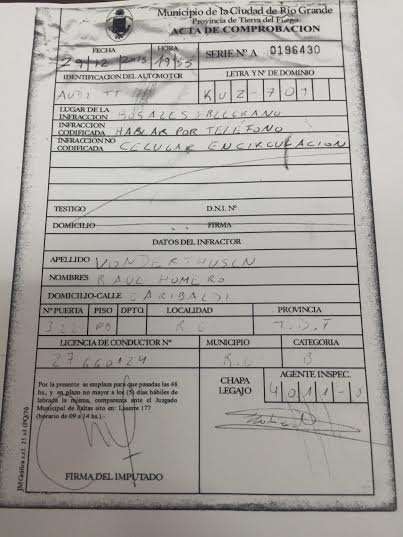 La copia de la multa que le labraron al concejal Raúl Von Der Thusen, flamante presidente del Concejo Deliberante de Río Grande.